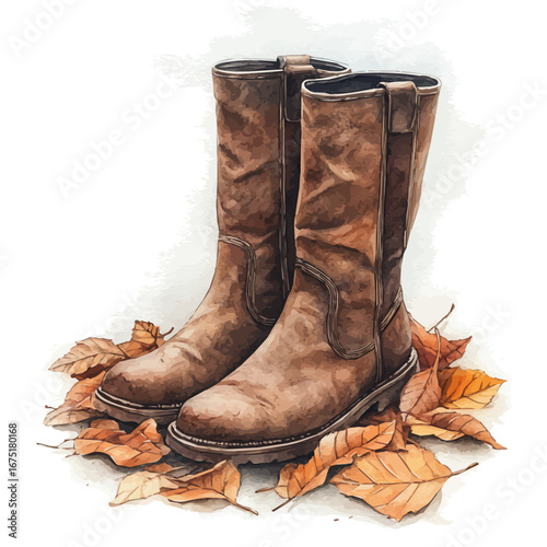 Warm Boots Crunch Leaves, watercolor clipart vector, isolated on a white background.
