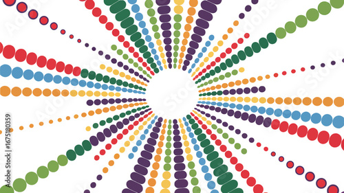 A vibrant pattern of colorful dots radiating outwards from a central white circular void space
