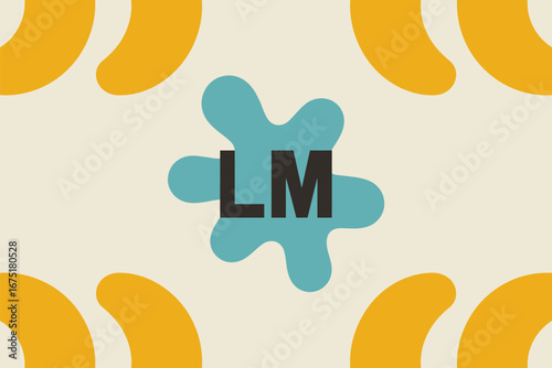 A playful design featuring the letters lm superimposed on a blue blob with yellow curved shapes around it