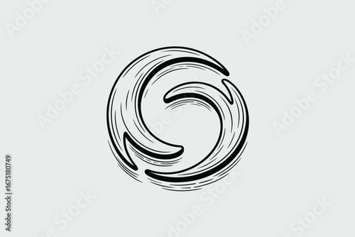A stylized circular vortex design with thick black lines and a light gray background illustration