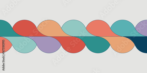 A wavy line pattern with overlapping colorful teardrop shapes against a light gray background surface