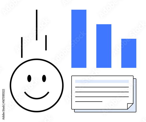 happy face with descending lines suggesting progress, next to a blue bar chart and a document. Ideal for growth, success, positive trends, motivation, data analysis, education and planning. Simple