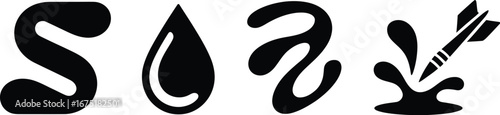 A black and white illustration featuring an s shape a teardrop a blob and a dart in a splash