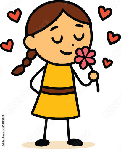 Happy cartoon girl with pigtails smelling a flower, a delightful and romantic character illustration isolated on a white background.