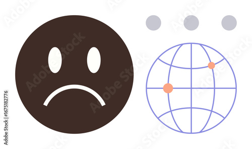 Sad face beside simple globe with orange location points and three gray dots. Ideal for expressing global challenges, emotional disconnection, digital isolation, worldwide issues, societal problems
