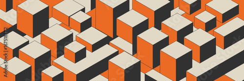 Isometric view of an abstract arrangement of orange and gray cubes on a light beige background