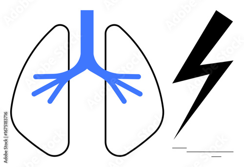 Abstract depiction of lungs with blue bronchial branches and electric bolt symbol. Ideal for health, medicine, respiration, energy, shock, awareness, lung function. Simple flat metaphor