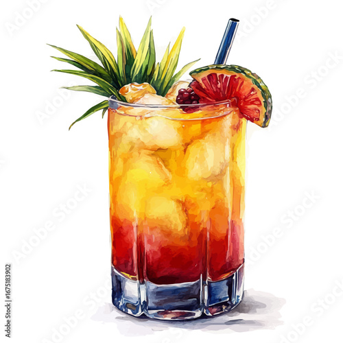 Tropical Cocktail, watercolor drawing vector, isolated on a white background.