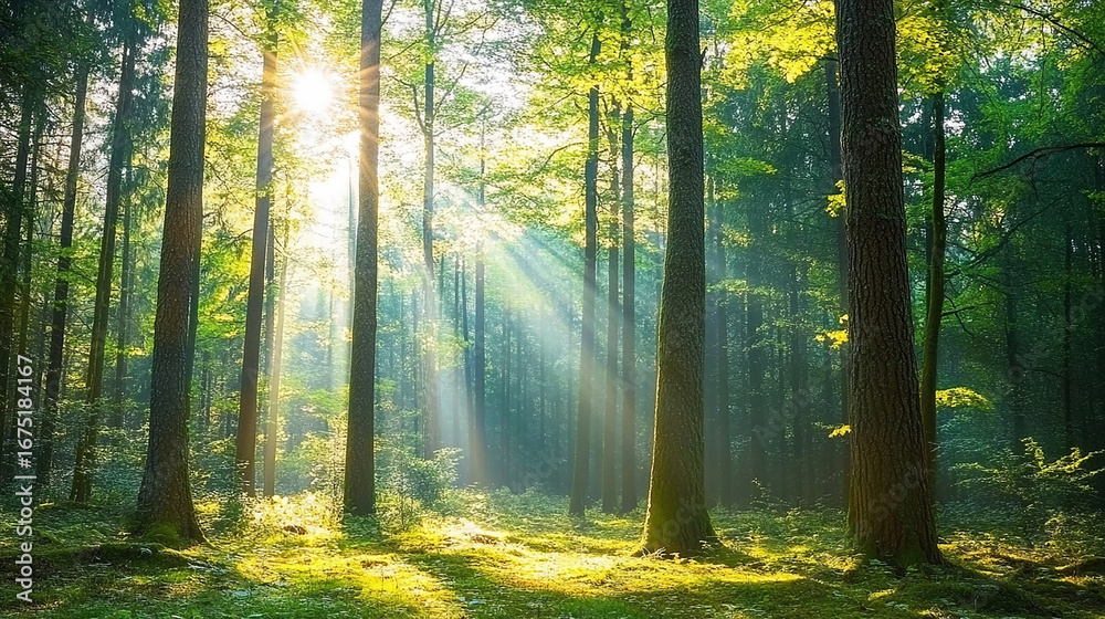 Obraz premium Sunlit Forest with Golden Rays. Peaceful Nature Scene in Lush Greenery