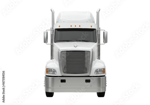 Isolated modern white semi-truck frontal view ready for transport and long haul work tasks