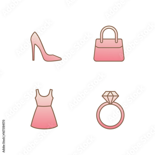 A collection of four minimalist linear icons—bag, dress, shoe, and ring—symbolizing fashion, elegance, and modern lifestyle.