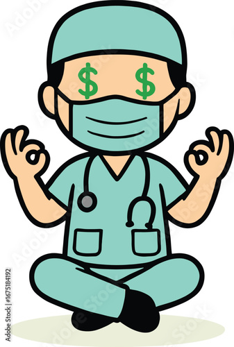 Greedy cartoon doctor meditating with dollar signs in his eyes, a medical professional obsessed with money illustration on a white background.