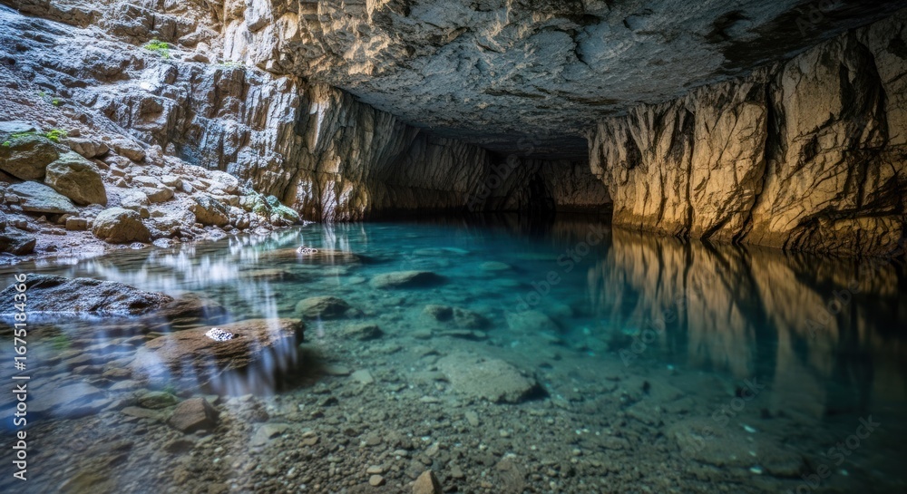 Fototapeta premium Clear, turquoise water in a rocky cave, reflections on surface