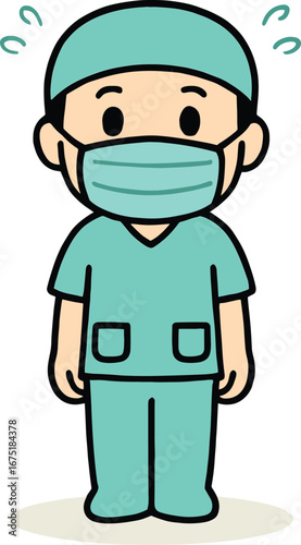 Nervous cartoon doctor in scrubs with a mask, a worried medical professional character illustration isolated on a white background.