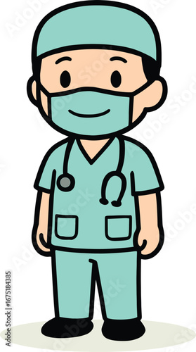 Smiling cartoon doctor in scrubs with a mask and stethoscope, a friendly medical professional character illustration on a white background.