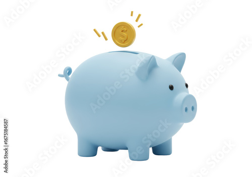 Isolated light blue piggy bank with golden dollar coin, money savings symbol concept