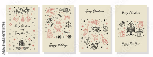 Set of vintage greeting cards templates with Christmas and New Year. Hand drawn illustration for winter holiday with Christmas attributes for cover, banner.