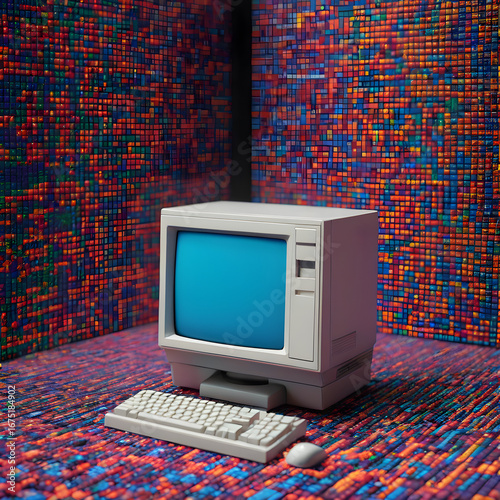 Vintage Retro Computer with Blue Screen and Colorful Pixel Background