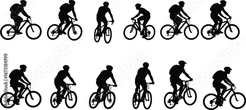 Cyclist silhouettes, bicycle riding, mountain bike, road cycling, sports activity, fitness exercise, outdoor adventure, transportation vector, athlete design illustration