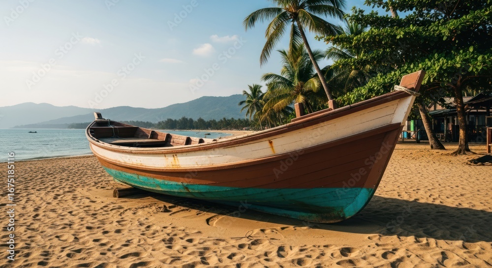 Obraz premium Colorful boat resting on sunlit sandy beach with palm trees and distant hills
