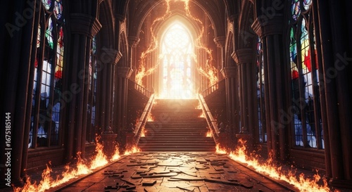 Majestic Gothic Cathedral Interior with Glowing Light and Fiery Effects on Stairs