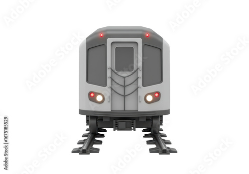 Isolated front view of a commuter subway train vehicle on its tracks with lighting on