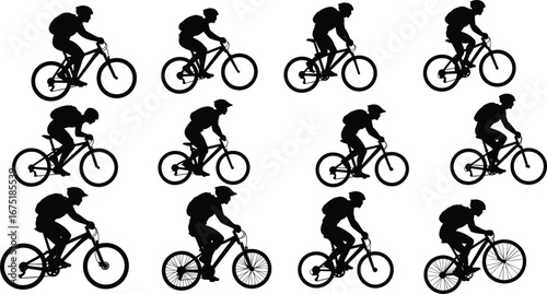 Cyclist silhouettes, bicycle riding, mountain biking, road cycling, outdoor sports, fitness training, adventure activity, transport illustration, black vector design