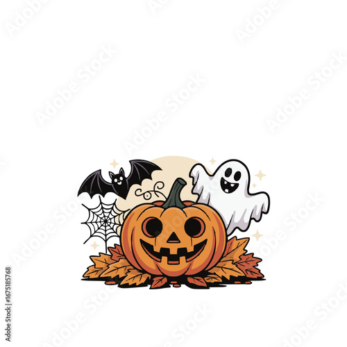 Halloween icon collection. Pumpkin, bat, ghost, spider, web.