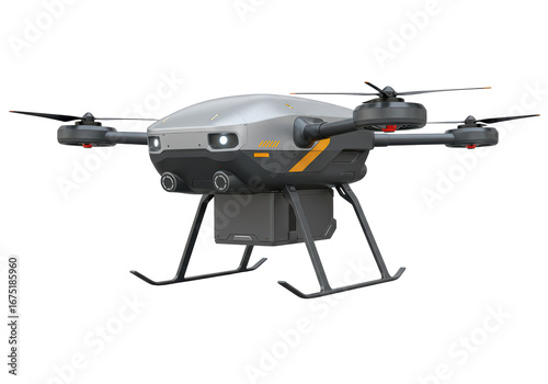 Isolated aerial delivery drone. UAV quadcopter for package delivery. Industrial drone