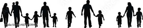 Family walking silhouette, parents children together, father mother kids, happy lifestyle, people holding hands, unity love, black vector illustration