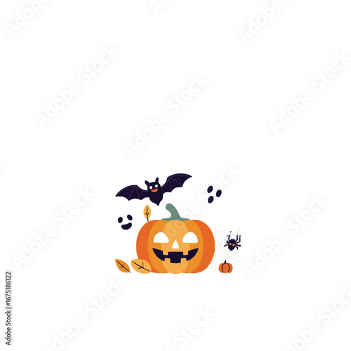 Halloween icon collection. Pumpkin, bat, ghost, spider, web.