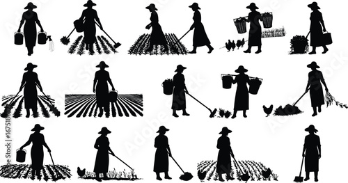 Farmer woman silhouettes, agriculture work, rural lifestyle, field farming, harvest season, watering plants, carrying basket, feeding chickens, village farming vector illustration