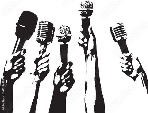  Hands Holding Microphones for Media Interview Vector Illustration