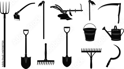Farming tools silhouette set, gardening equipment vector, shovel rake hoe sickle, watering can bucket, agriculture tool illustration, black icon collection