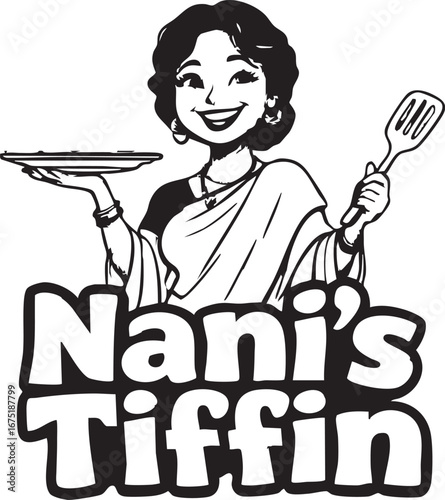 Happy Indian Woman Holding Food and Spatula Vector Illustration