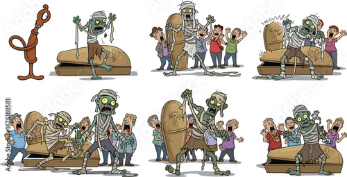 Funny cartoon mummy zombie, scary undead monster, ancient Egypt coffin, spooky Halloween character, creepy horror comic scene, frightened people illustration