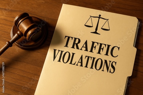 Legal documents related to traffic violations are displayed on a wooden surface with a gavel.