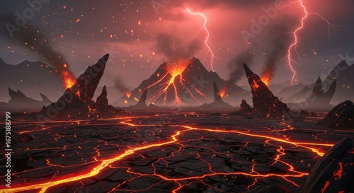 Volcanic Landscape with Erupting Volcanoes and Lightning Storms in Dark Sky