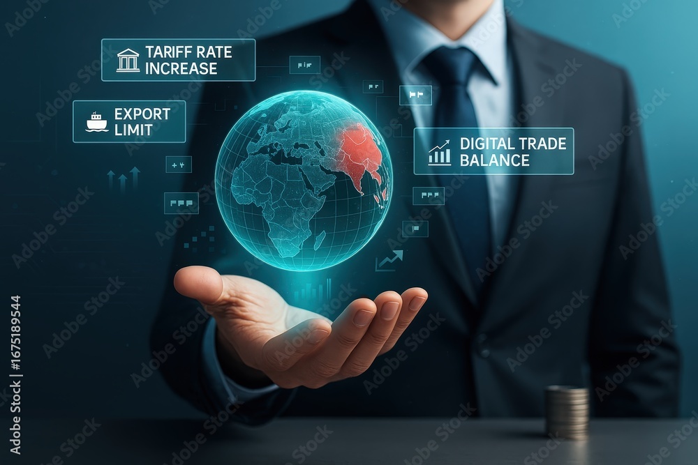 Fototapeta premium A businessman's hand hovers over a 3D model of the Earth, displaying digital indicators for tariff rate increase, export limit, and digital trade balance, highlighting global economic factors.