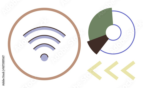 wireless signal inside circle, segmented pie chart, and chevron arrows indicating direction. Ideal for connection, data flow, navigation, technology, analytics communication simplification. A