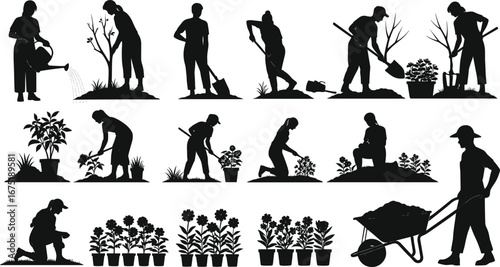 Gardening silhouettes, people planting trees, watering flowers, digging soil, using shovel, wheelbarrow, flower pots, outdoor work, agriculture, farming vector illustration