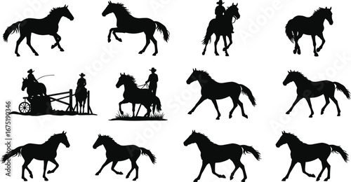 Horse silhouette collection, cowboy riding horse, running horse vector, farm horse design, wild stallion illustration, equestrian animal, horse artwork set