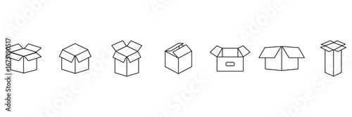 Open cardboard packaging box icon vector illustration of different shipping carton styles for delivery storage product parcel and logistics