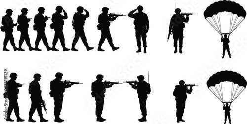 Military soldier silhouettes, army troops vector, soldiers marching, saluting, rifle shooting, paratrooper landing, war combat, armed forces battlefield illustration design