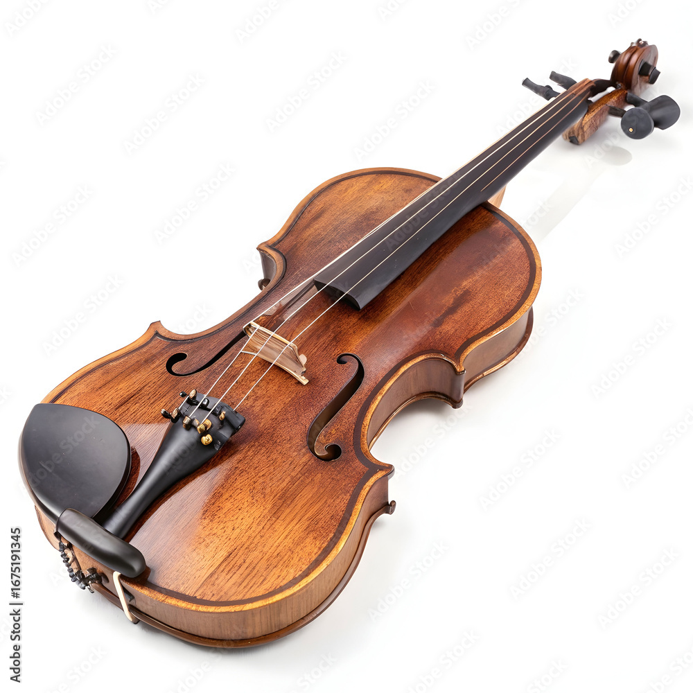 Fototapeta premium Professional Violin Photography: Polished Wood String Instrument on White