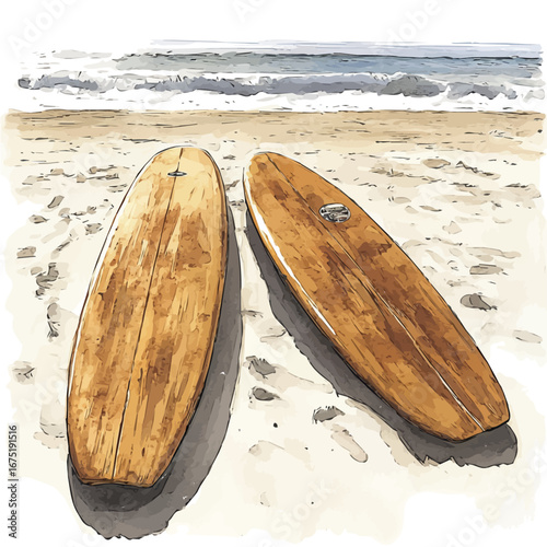 Surfboards On Sandy Beach, watercolor painting vector, isolated on a white background.