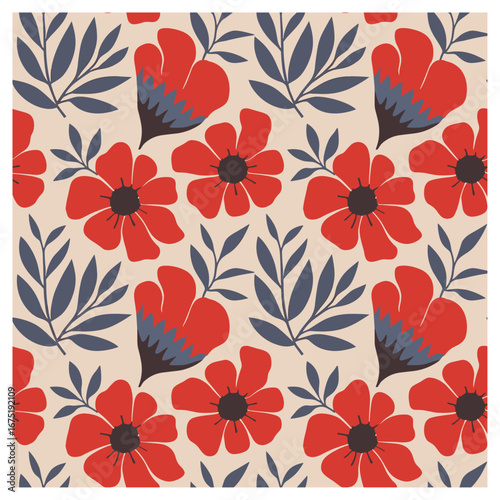 This seamless pattern features vibrant red flowers complemented by deep blue leaves against a soft beige background. The design exudes a modern yet vintage charm.