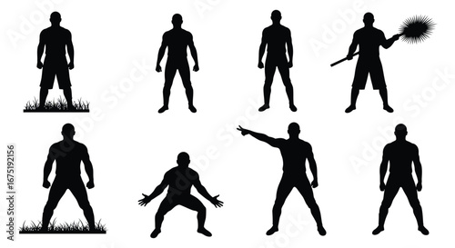 Collection of various black silhouettes of a man in different poses and actions