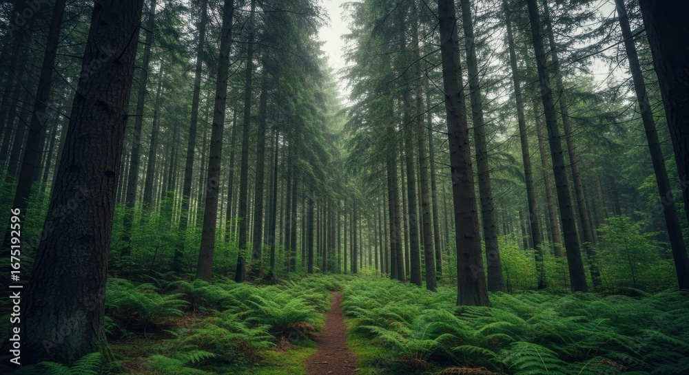 Fototapeta premium Forest path through tall conifers, fern undergrowth under overcast sky