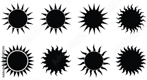 Collection of various black sun symbols on white background